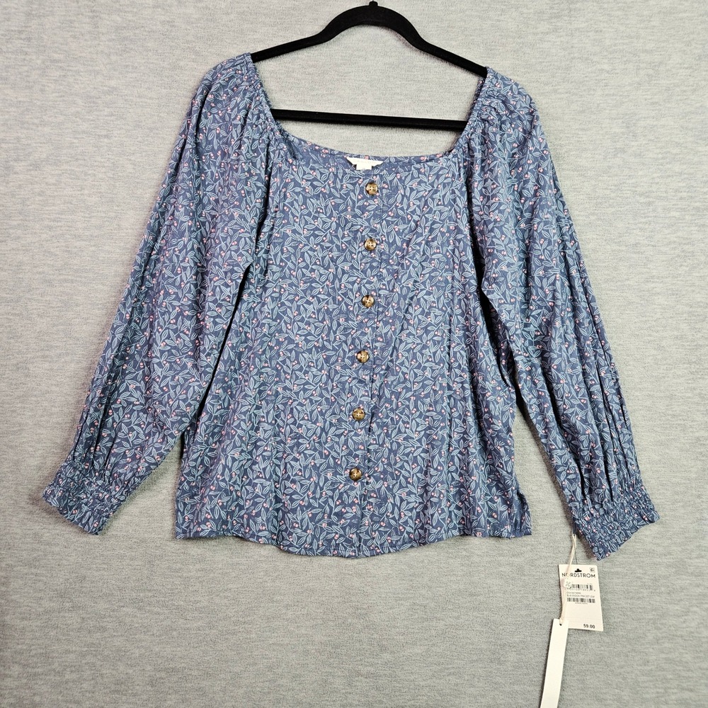 Caslon Womens Blue Ensign Pink Dot Leaf Button Front Blouse Sz XS NWT